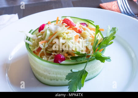 Salad from raw cabbage, carrot, pepper, cucumber and cranberries on a white plate Stock Photo