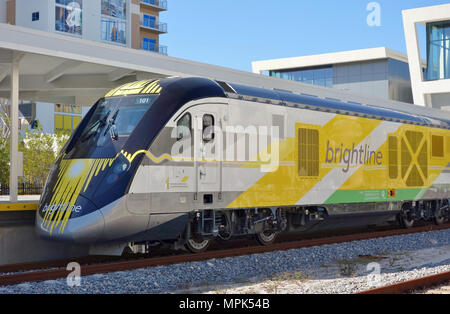 View of the Brightline train, a diesel–electric higher-speed rail system, at the West Palm Beach rail station in Florida, United States. Stock Photo