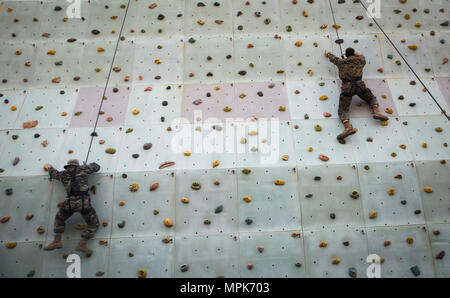 Republic of Korea Marine Staff Sgt. Kiseok Parks (left), a team leader with 1st Reconnaissance Battalion, 1st Marine Division climbs a rock wall with U.S. Marine Capt. Ben Skarzynski (right) March 24, 2017, near Camp Mujuk, Republic of Korea, during Korea Marine Exercise Program 17-6. Recon Marines from both countries spent the day demonstrating different ways to rappel and rock climb. While each KMEP iteration is unique to the units involved and the training goals, all iterations are designed to increase combined readiness. Skarzynski, a Bethesda, Maryland native, is the platoon commander for Stock Photo