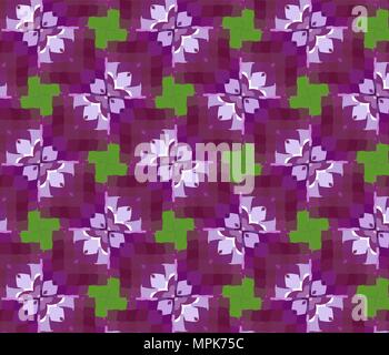 Primitive simple purple, lilac modern pattern with rectangles and flowers Stock Vector