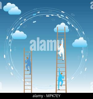 Cloud computing concept design. Two businessmen climb the clouds from the ladder. Stock Vector
