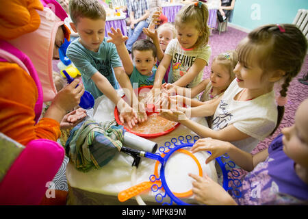 Belarus, Gomel, 189 May 2018. Children's entertainment center store. Celebrating the birthday of children.Children on the show of soap bubbles Stock Photo
