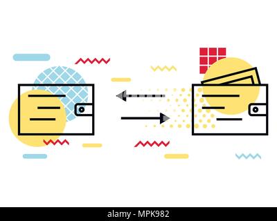Wallet icon, geometric elements memphis. Money transfer, withdrawal. Vector illustration Stock Vector