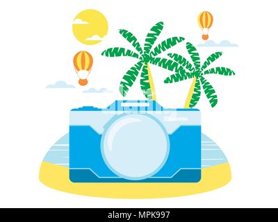 Summer travel, tourism. Collage with camera, palm trees and exotic island. Tourist season. Vector illustration Stock Vector