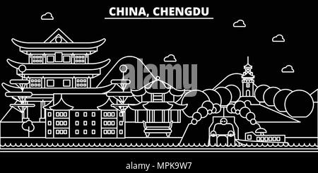 Chengdu silhouette skyline. China - Chengdu vector city, chinese linear architecture, buildings. Chengdu travel illustration, outline landmarks. China flat icon, chinese line banner Stock Vector