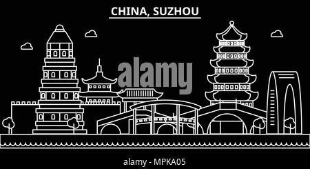 Suzhou silhouette skyline. China - Suzhou vector city, chinese linear architecture, buildings. Suzhou travel illustration, outline landmarks. China flat icon, chinese line banner Stock Vector