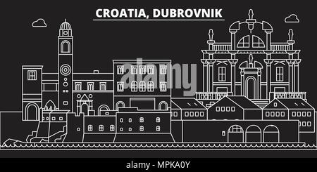 Dubrovnik silhouette skyline. Croatia - Dubrovnik vector city, croatian linear architecture, buildings. Dubrovnik travel illustration, outline landmarks. Croatia flat icon, croatian line banner Stock Vector
