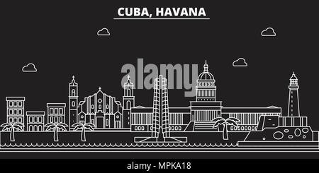 Havana silhouette skyline. Cuba - Havana vector city, cuban linear architecture, buildings. Havana travel illustration, outline landmarks. Cuba flat icon, cuban line banner Stock Vector