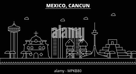 Cancun silhouette skyline. Mexico - Cancun vector city, mexican linear architecture, buildings. Cancun travel illustration, outline landmarks. Mexico flat icon, mexican line banner Stock Vector