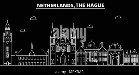 The Hague silhouette skyline. Netherlands - The Hague vector city, dutch linear architecture, buildings. The Hague travel illustration, outline landmarks. Netherlands flat icon, dutch line banner Stock Vector