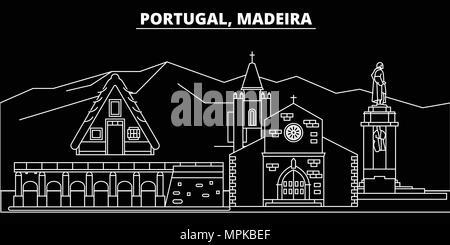 Madeira silhouette skyline. Portugal - Madeira vector city, portuguese linear architecture, buildings. Madeira travel illustration, outline landmarks. Portugal flat icon, portuguese line banner Stock Vector