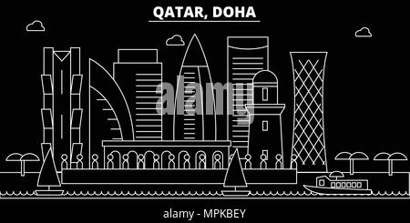 Doha silhouette skyline. Qatar - Doha vector city, qatari linear architecture, buildings. Doha travel illustration, outline landmarks. Qatar flat icon, qatari line banner Stock Vector