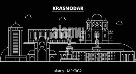 Krasnodar silhouette skyline. Russia - Krasnodar vector city, russian linear architecture, buildings. Krasnodar travel illustration, outline landmarks. Russia flat icon, russian line banner Stock Vector