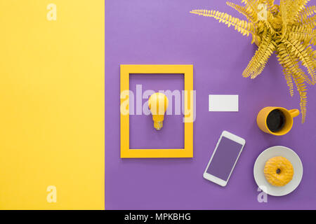 Download Mockup Of Smartphone Next To A Cup And Lightbulb In Yellow Frame On Violet Background Stock Photo Alamy PSD Mockup Templates