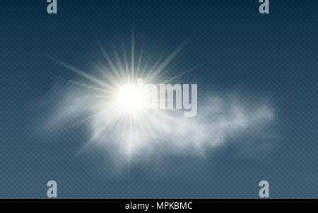 Realistic sun with clouds isolated on a transparent background. Sunlight. Sun rays. Transparent clouds. Vector illustration. EPS 10 Stock Vector
