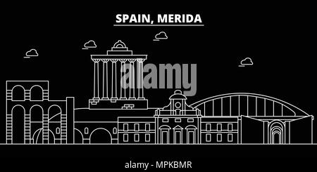 Merida silhouette skyline. Spain - Merida vector city, spanish linear architecture, buildings. Merida travel illustration, outline landmarks. Spain flat icon, spanish line banner Stock Vector