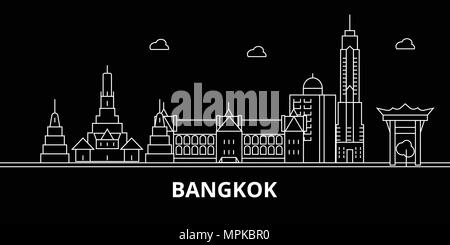 Bangkok silhouette skyline. Thailand - Bangkok vector city, thai linear architecture, buildings. Bangkok travel illustration, outline landmarks. Thailand flat icon, thai line banner Stock Vector