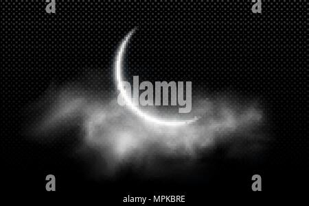 Realistic moon month with clouds isolated on a transparent background. Dark night. Muslim holiday Ramadan Kareem. Glowing milk moon. Vector illustrati Stock Vector