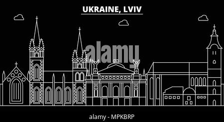 Lviv silhouette skyline. Ukraine - Lviv vector city, ukrainian linear architecture, buildings. Lviv travel illustration, outline landmarks. Ukraine flat icon, ukrainian line banner Stock Vector