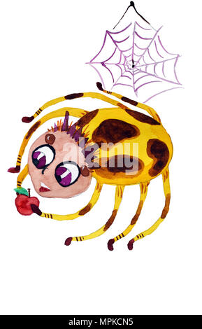 Cartoon spider watercolor illustration. isolated on white background. Stock Photo