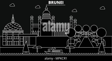 Brunei silhouette skyline, Brunei vector city, bruneian linear architecture, buildingline travel illustration, landmarkflat icon, bruneian outline design banner Stock Vector