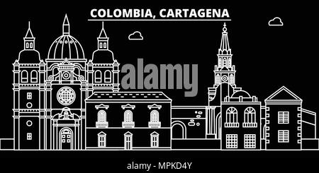 Cartagena silhouette skyline. Colombia - Cartagena vector city, colombian linear architecture, buildings. Cartagena line travel illustration, landmarks. Colombia flat icon, colombian outline design Stock Vector