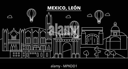 Leon silhouette skyline. Mexico - Leon vector city, mexican linear architecture, buildings. Leon line travel illustration, landmarks. Mexico flat icons, mexican outline design banner Stock Vector