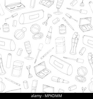 Vector cosmetics seamless pattern with bottles, lacquer, lipstick, eye shadows, mascara and powder on the  white background. Hand drawn makeup product Stock Vector