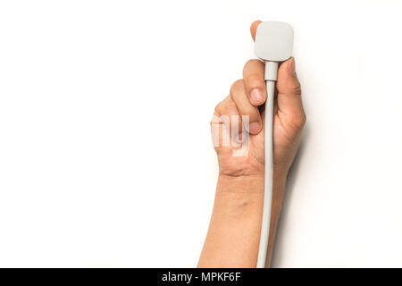 hand hold plug electric power white color wire. save energy and reduce energy efficiency concept Stock Photo