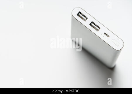 white silver power bank isolate. save energy and reduce energy efficiency concept Stock Photo
