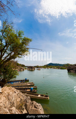 Touristic Khongyai beach on Don Khone island in south Laos. Landscape taken on four thousands islands on Mekhong river in south east asia during summe