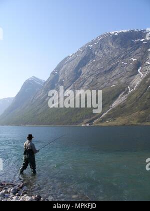 Fly fishing in Kjosnefjorden, Jolster, Sogn of Fjordane, Norway Stock Photo