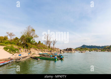Touristic Khongyai beach on Don Khone island in south Laos. Landscape taken on four thousands islands on Mekhong river in south east asia during summe