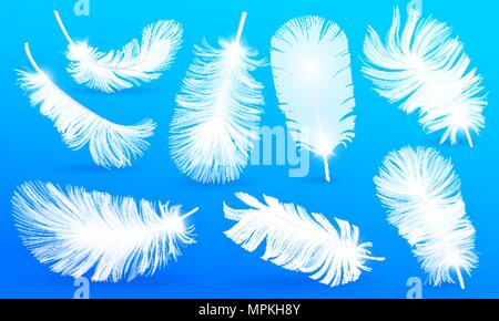 Realistic Fluffy feathers. Falling twirled plumage of white bird on blue background for banners, flyers, web, poster, card. down pillow for sleeping. use for down pillow for sleeping Stock Vector