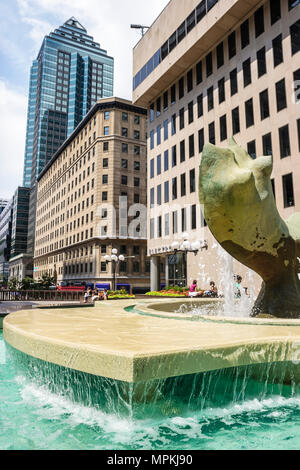 Montreal Canada,Quebec Province,Avenue McGill College,school,campus,Place Ville Marie,sculpture,fountain,office buildings,city skyline,urban park,Cana Stock Photo