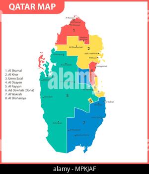 The detailed map of Qatar with regions or states and cities, capital. Administrative division Stock Vector