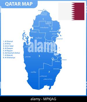 The detailed map of Qatar with regions or states and cities, capital. Administrative division Stock Vector