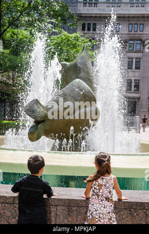Montreal Canada,Quebec Province,Avenue McGill College,school,campus,Place Ville Marie,boy boys male girl,girls female kids children sculpture,fountain Stock Photo