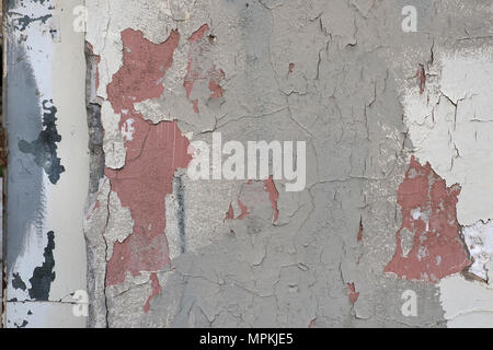 Grunge background old wall of a gentle gray color with many cracks and spots of pink paint. Stock Photo