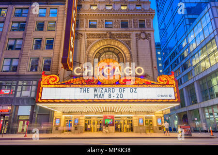 CHICAGO, ILLINOIS - MAY 10, 2018: The landmark Chicago Theatre on state Street at twilight. The historic theater dates from 1921. Stock Photo