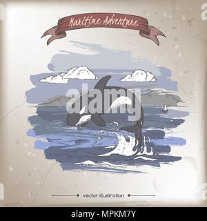 Jumping whale color sketch. Maritime adveture series. Stock Vector
