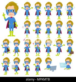 Set of various poses of super hero man Blue Green Stock Vector
