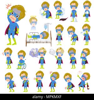 Set of various poses of super hero man Blue Green sickness Stock Vector
