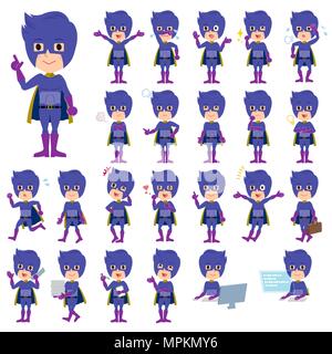 Set of various poses of super hero man dark purple Stock Vector