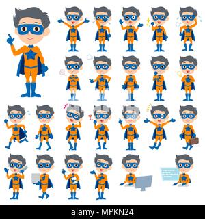 Set of various poses of super hero man orange Blue Stock Vector