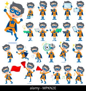 Set of various poses of super hero man orange Blue 2 Stock Vector