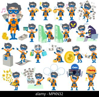 Set of various poses of super hero man orange Blue money Stock Vector