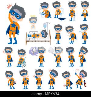 Set of various poses of super hero man orange Blue sickness Stock Vector