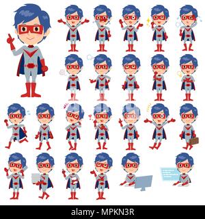 Set of various poses of super hero man red gray Stock Vector