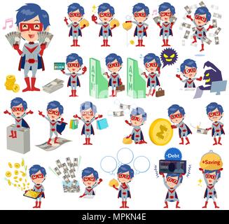 Set of various poses of super hero man red gray money Stock Vector